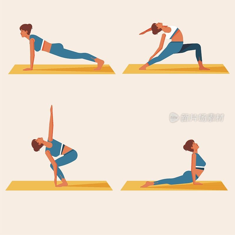 Set of different yoga poses. Female isolated background.